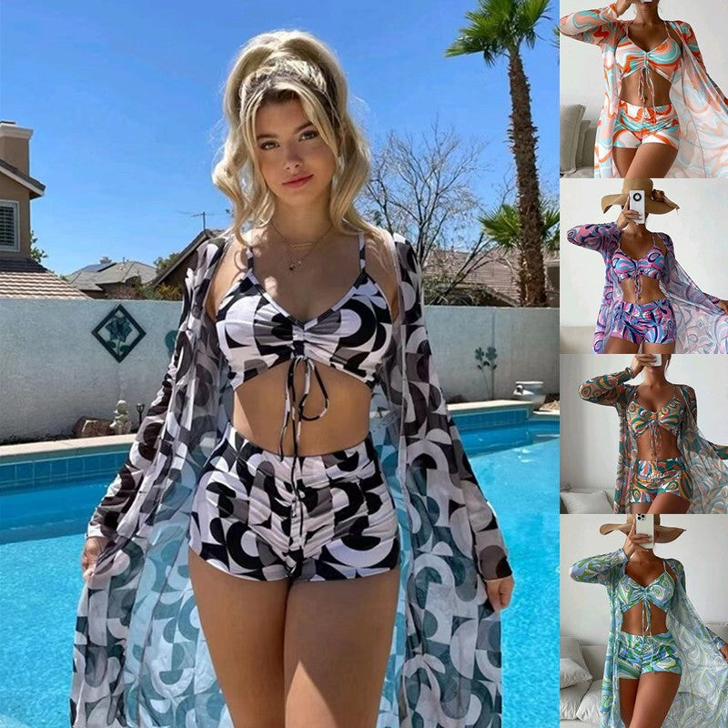 Women's Floral 3-Piece Swimwear Set with Long-Sleeve Cardigan