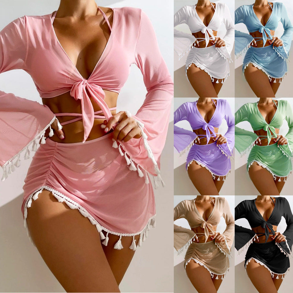 Women's 4-Piece Bikini Set with Skirt & Long-Sleeve Cover-Up