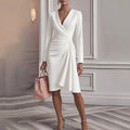 Pleated V-Neck Long-Sleeve Midi Dress