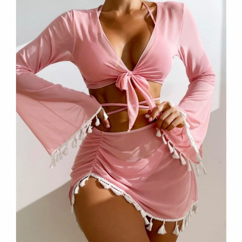 Women's 4-Piece Bikini Set with Skirt & Long-Sleeve Cover-Up