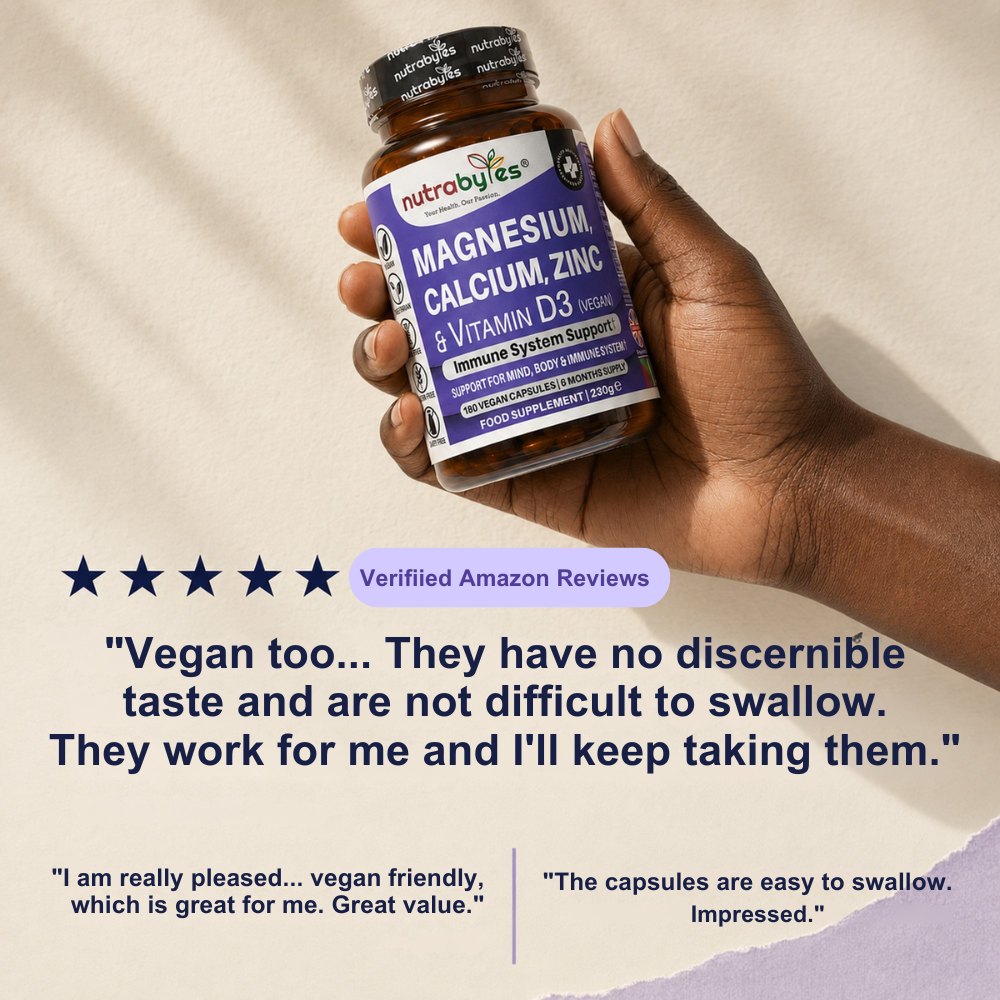 Magnesium, Calcium, Zinc & Vitamin D3 (Vegan D3) | Advanced Immunity Support | 6 Months Supply | Made in the UK NUTRABYTES