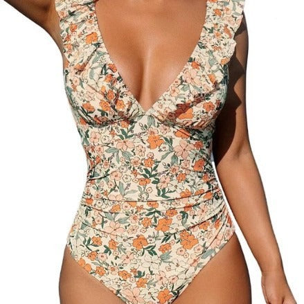 Women's V-Neck Ruffle One-Piece Swimsuit with Lace-Up Detail Michan Direct