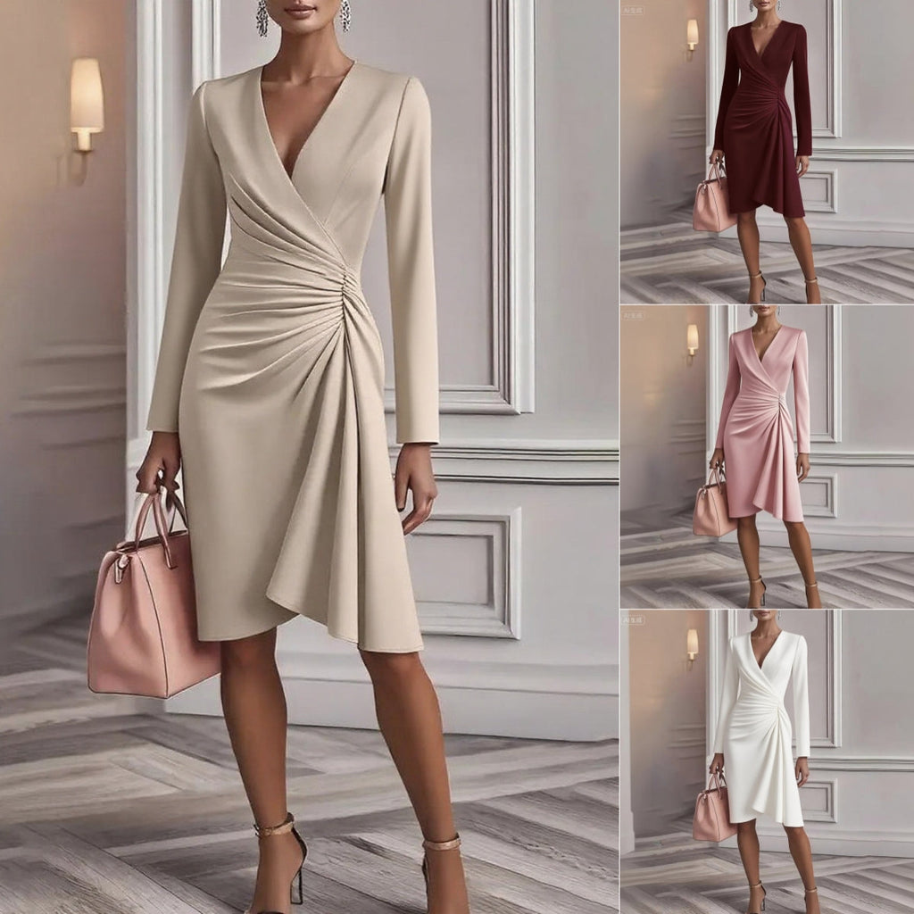 Pleated V-Neck Long-Sleeve Midi Dress