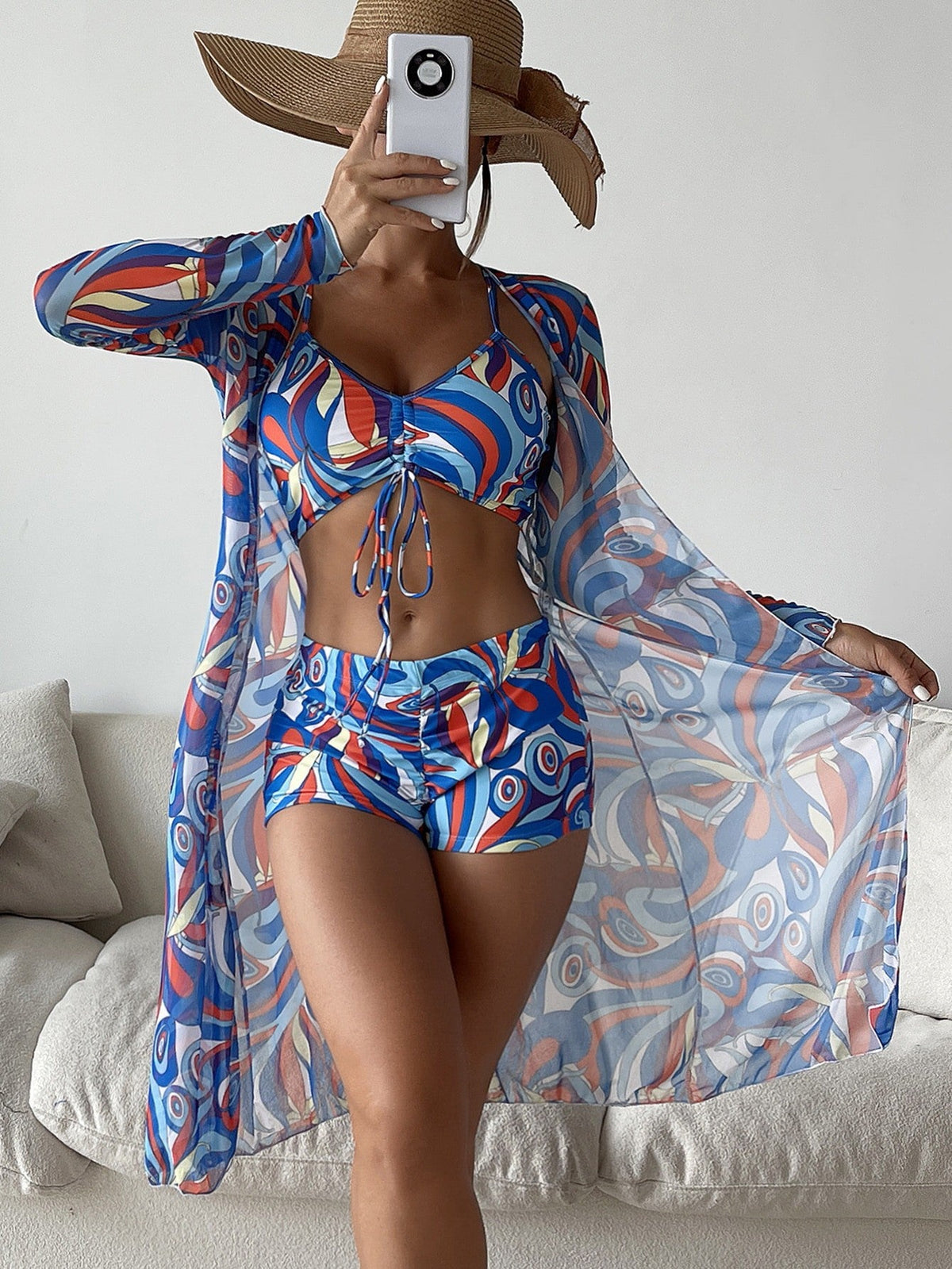 Women's Floral 3-Piece Swimwear Set with Long-Sleeve Cardigan