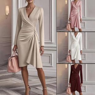 Pleated V-Neck Long-Sleeve Midi Dress