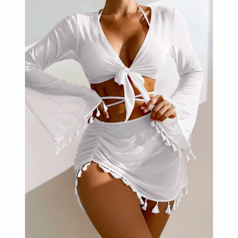 Women's 4-Piece Bikini Set with Skirt & Long-Sleeve Cover-Up