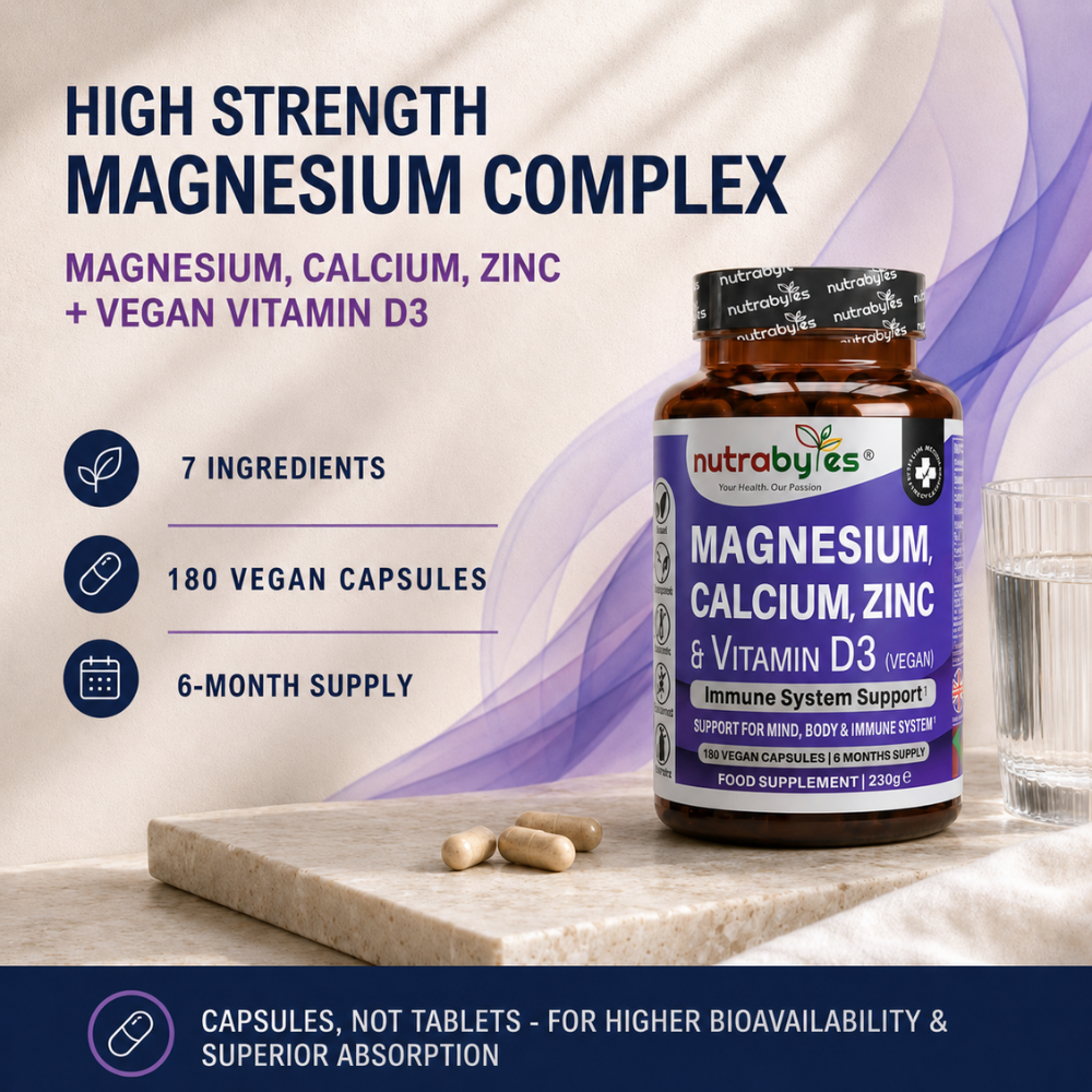 Magnesium, Calcium, Zinc & Vitamin D3 (Vegan D3) | Advanced Immunity Support | 6 Months Supply | Made in the UK NUTRABYTES