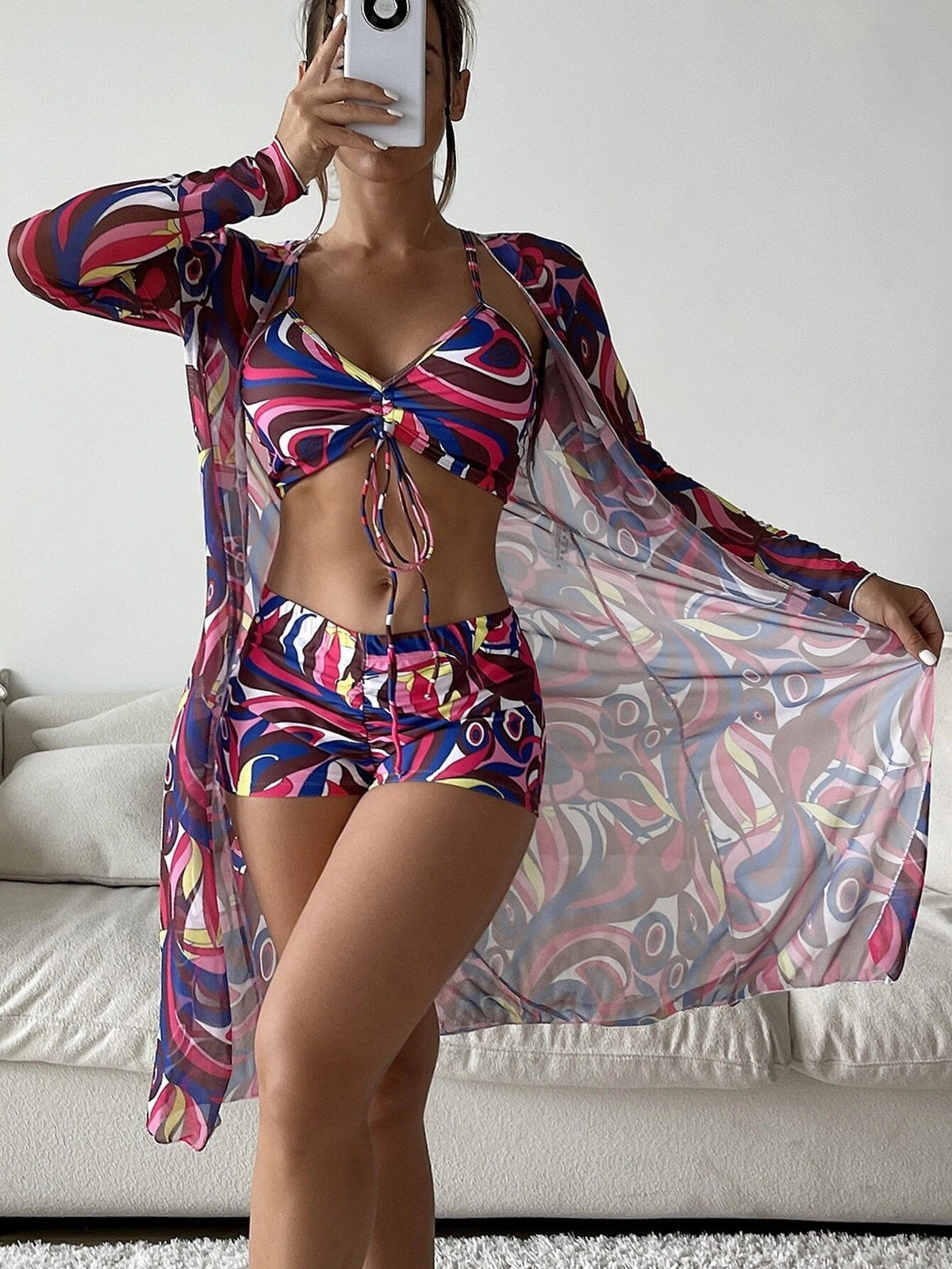 Women's Floral 3-Piece Swimwear Set with Long-Sleeve Cardigan