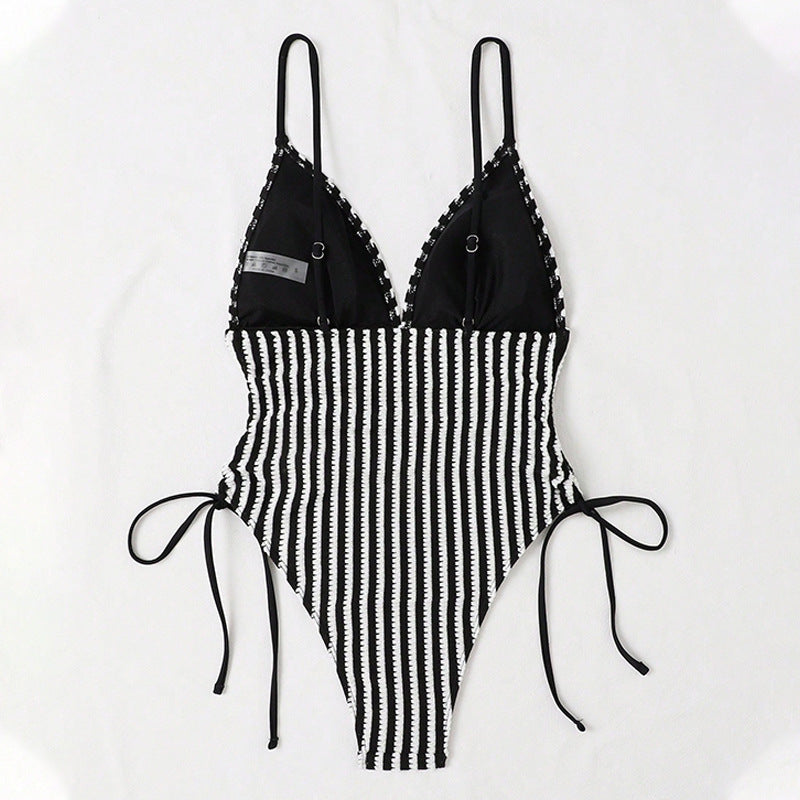 Women's Black Striped Backless One-Piece Swimsuit with Lace-Up Detail Michan Direct