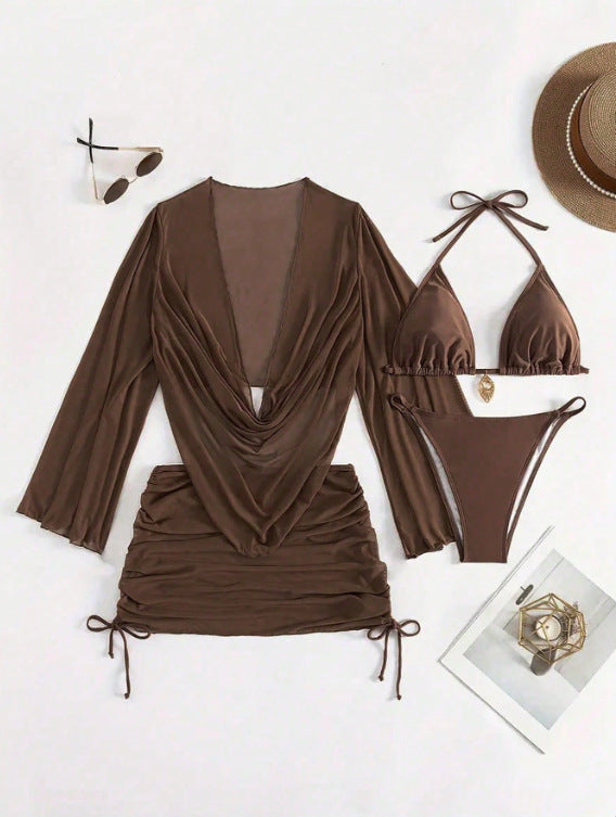 Women's Lace-Up Bikini Set – Solid Colour Swimwear Michan Direct