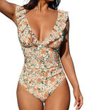 Women's V-Neck Ruffle One-Piece Swimsuit with Lace-Up Detail Michan Direct