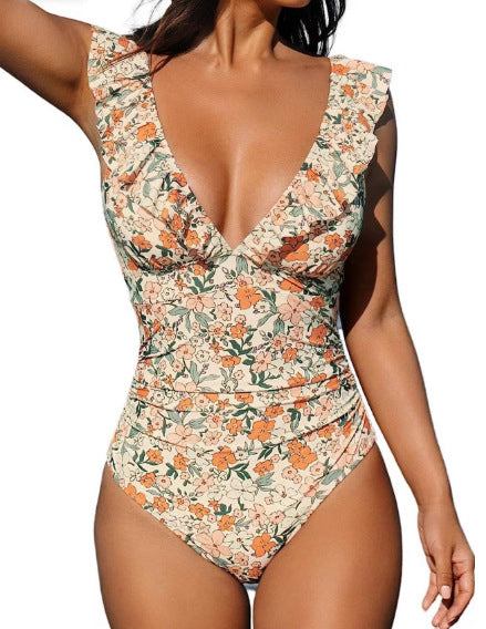 Women's V-Neck Ruffle One-Piece Swimsuit with Lace-Up Detail Michan Direct