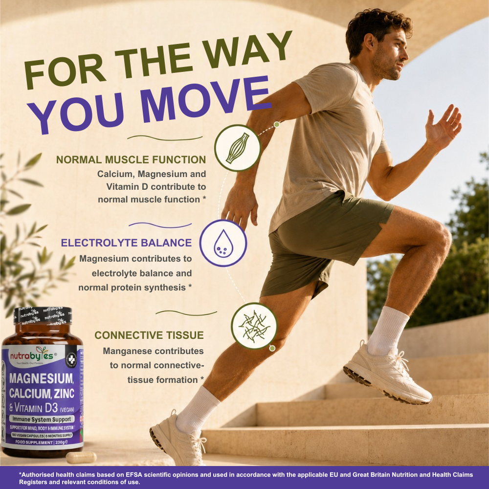 Magnesium, Calcium, Zinc & Vitamin D3 (Vegan D3) | Advanced Immunity Support | 6 Months Supply | Made in the UK NUTRABYTES
