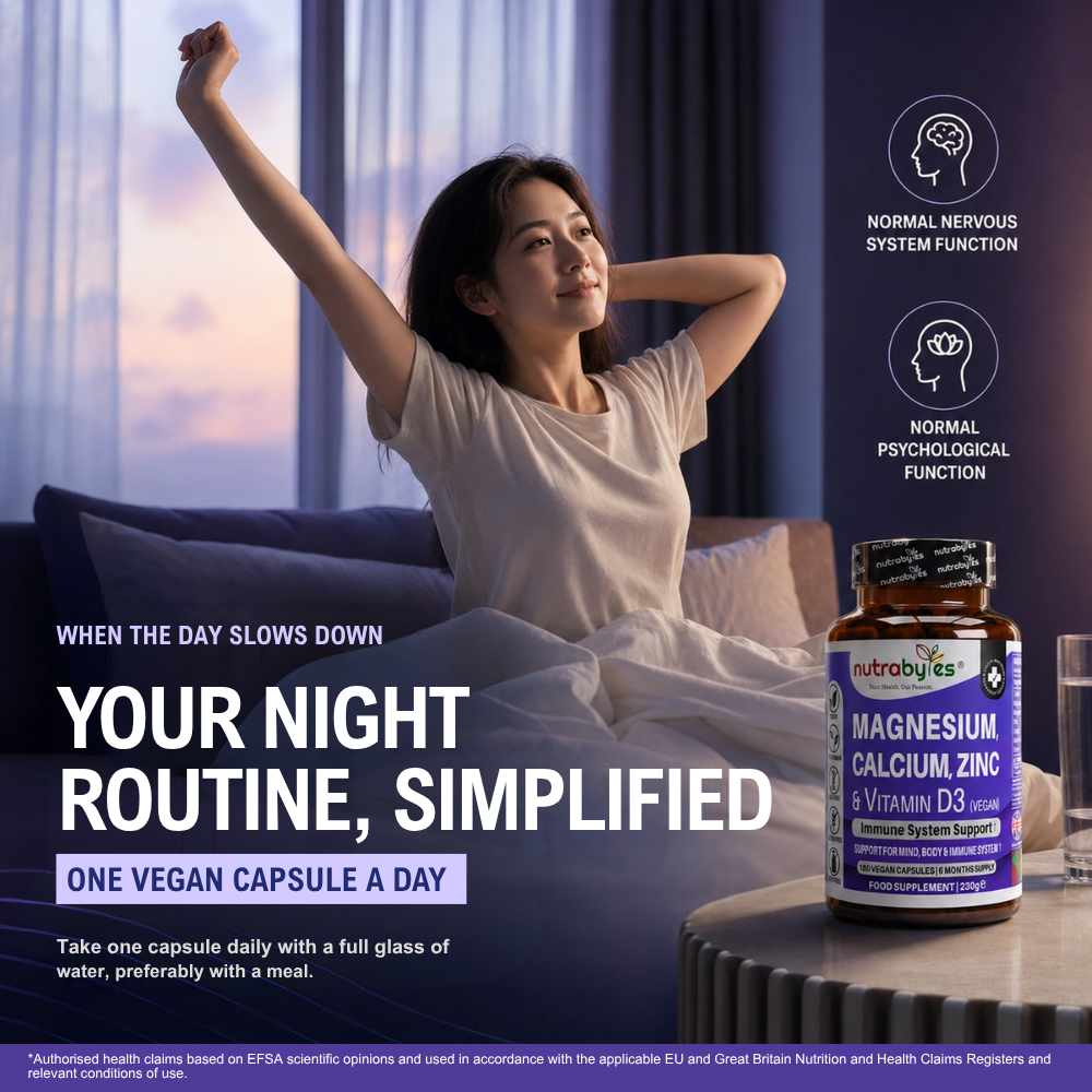 Magnesium, Calcium, Zinc & Vitamin D3 (Vegan D3) | Advanced Immunity Support | 6 Months Supply | Made in the UK NUTRABYTES