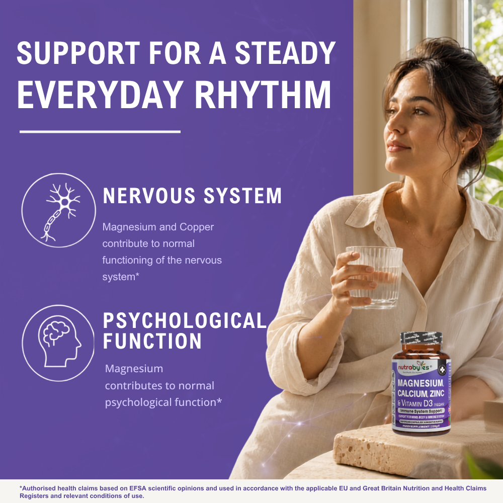 Magnesium, Calcium, Zinc & Vitamin D3 (Vegan D3) | Advanced Immunity Support | 6 Months Supply | Made in the UK NUTRABYTES