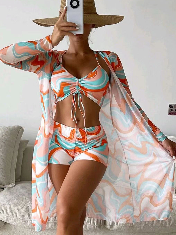 Women's Floral 3-Piece Swimwear Set with Long-Sleeve Cardigan