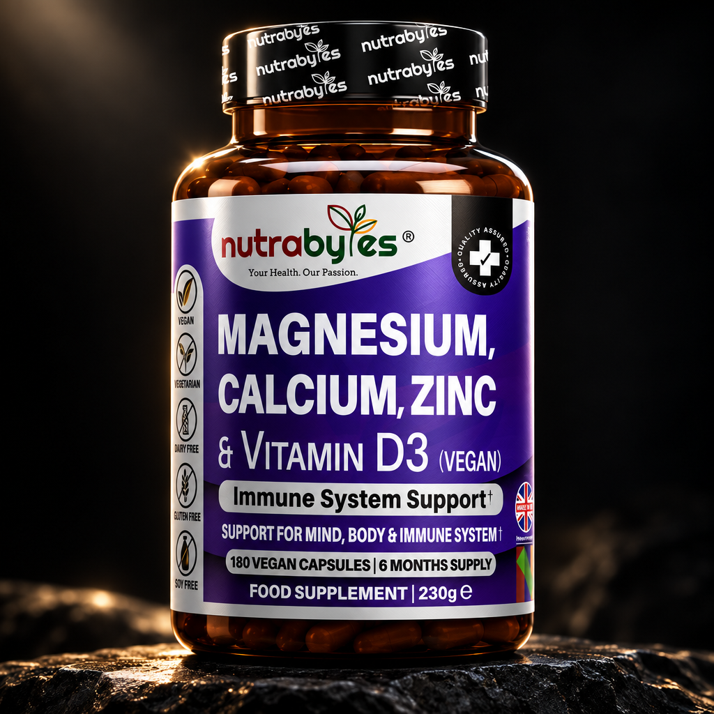 Magnesium, Calcium, Zinc & Vitamin D3 (Vegan D3) | Advanced Immunity Support | 6 Months Supply | Made in the UK