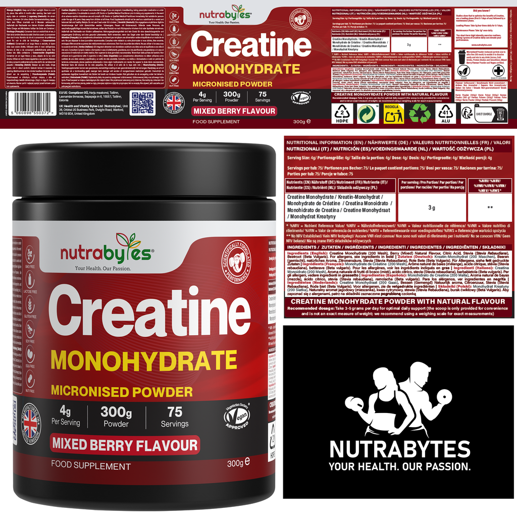 Flavoured Creatine Monohydrate Powder 300g (75 Servings) | Micronised Creatine Powder | Supplement for Women & Men | Vegan