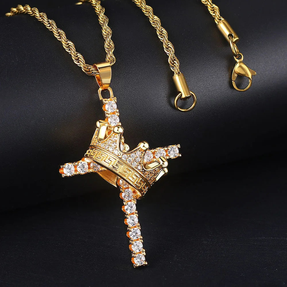 18k Gold Filled Bling Zircon Diamonds Gemstones Crown & Cross Royal Cool Pendnat Necklaces for Men - Zenflow Active