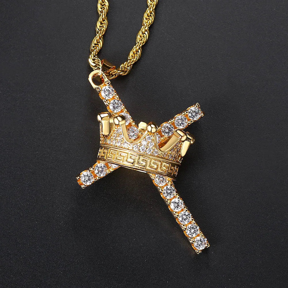 18k Gold Filled Bling Zircon Diamonds Gemstones Crown & Cross Royal Cool Pendnat Necklaces for Men - Zenflow Active