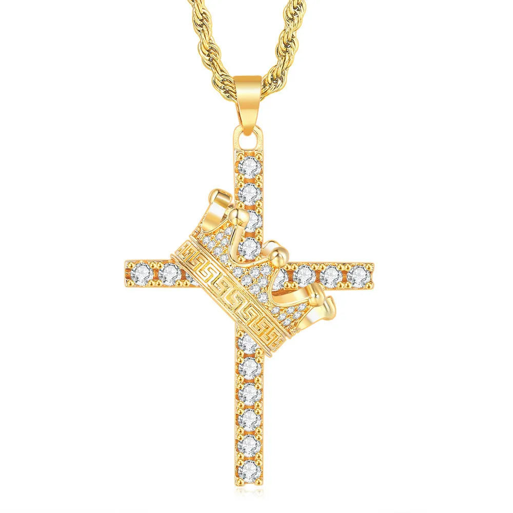 18k Gold Filled Bling Zircon Diamonds Gemstones Crown & Cross Royal Cool Pendnat Necklaces for Men - Zenflow Active