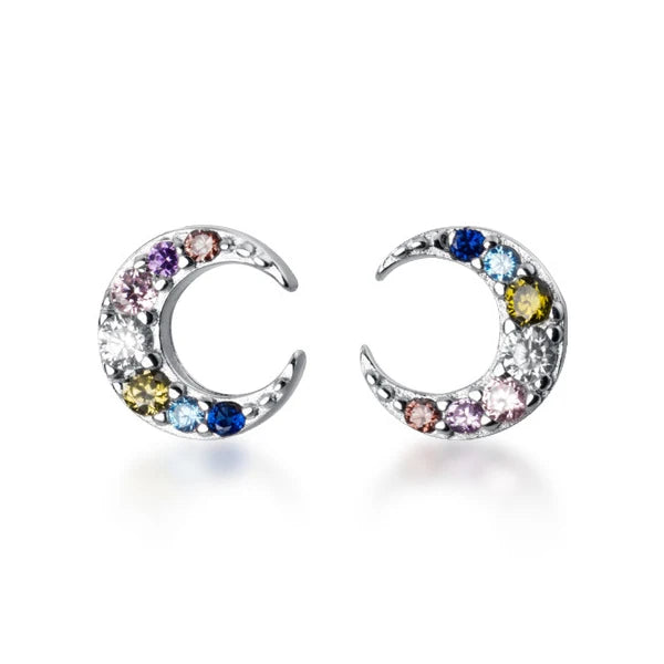 Modian New 925 Sterling Silver Colourful Crystal Moon Tiny Stud Earring for Women Luxury Ear Pin Fine Jewellery Student Accessories - Zenflow Active