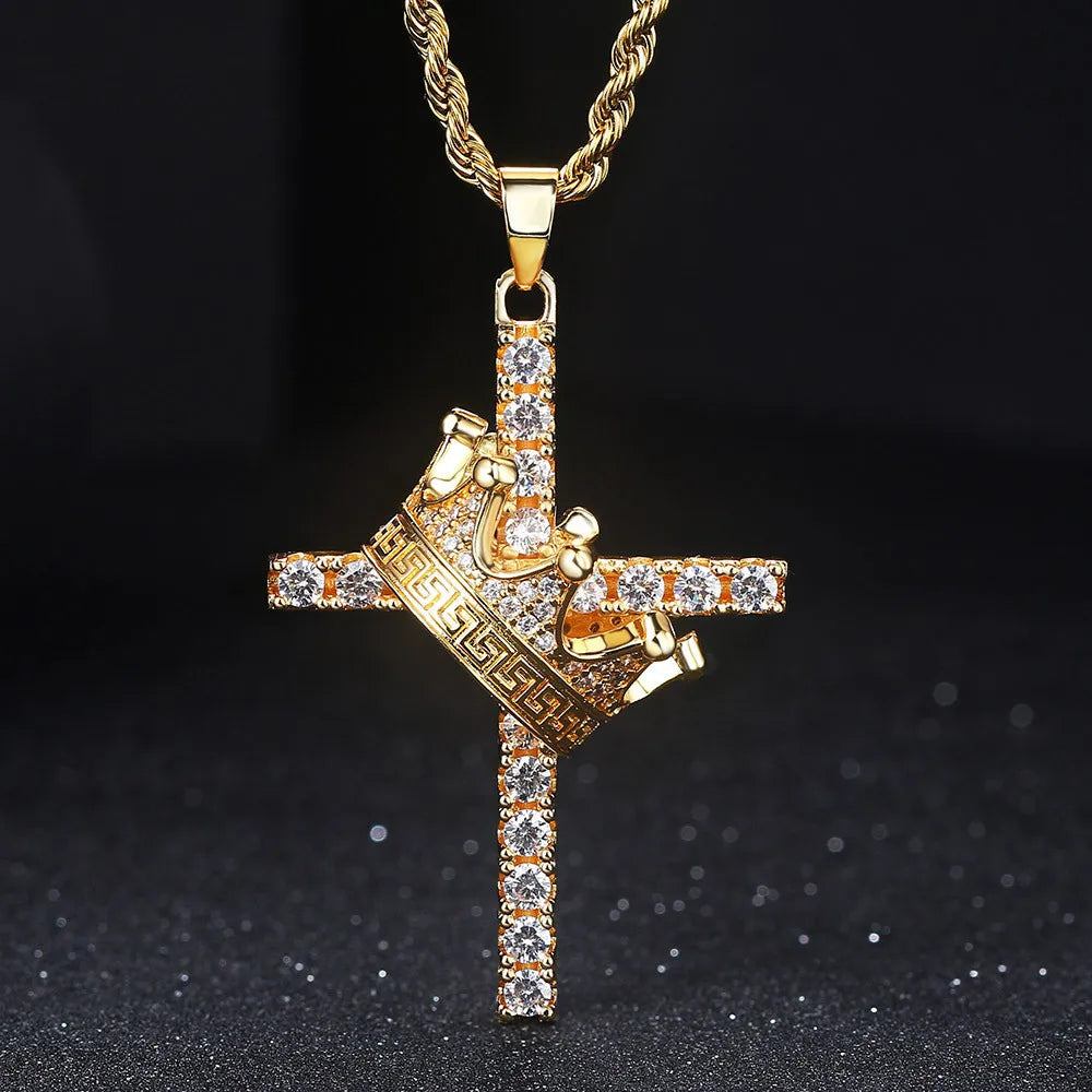 18k Gold Filled Bling Zircon Diamonds Gemstones Crown & Cross Royal Cool Pendnat Necklaces for Men - Zenflow Active
