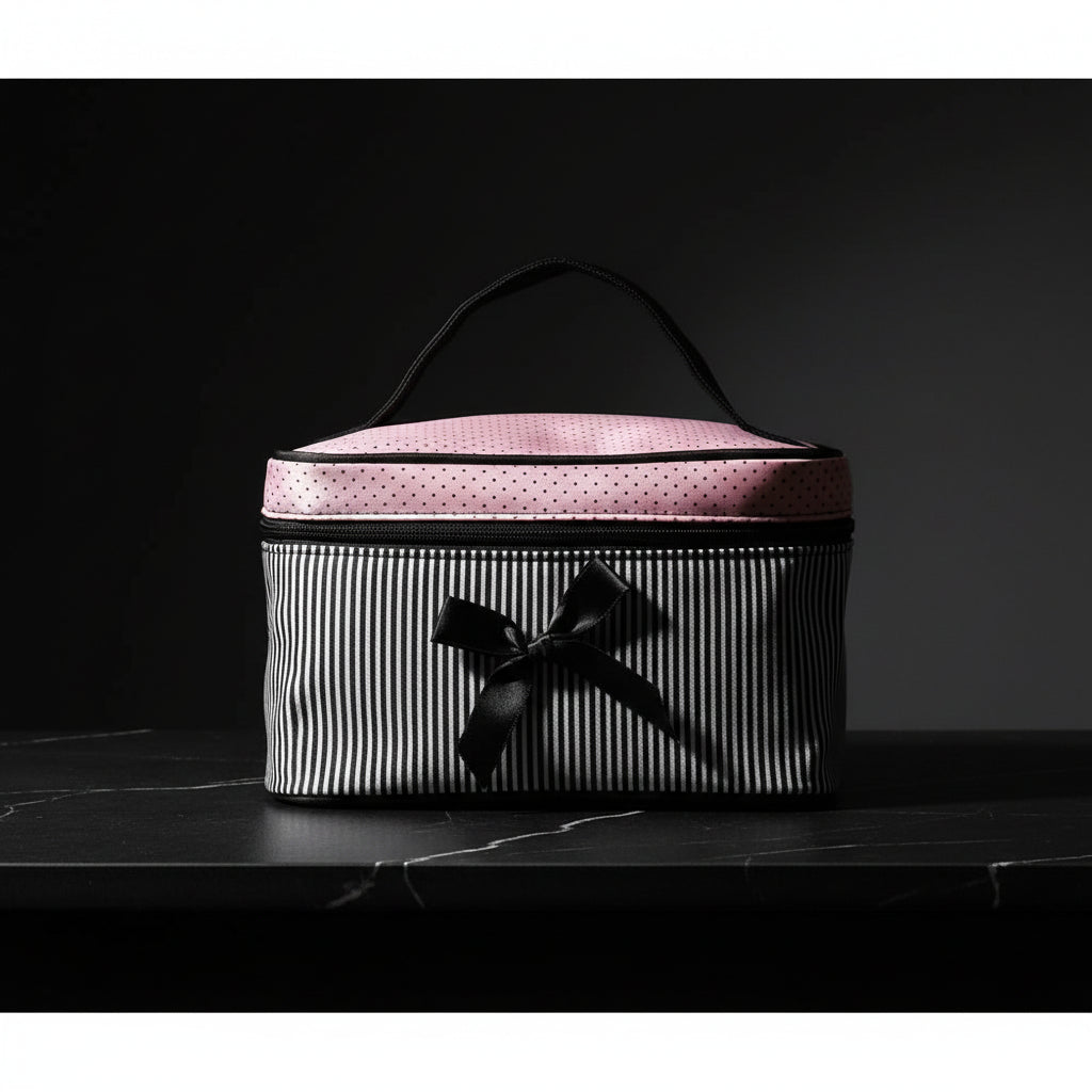 Bow Stripe Satin Makeup Pouch — Travel Cosmetic Organiser - Zenflow Active