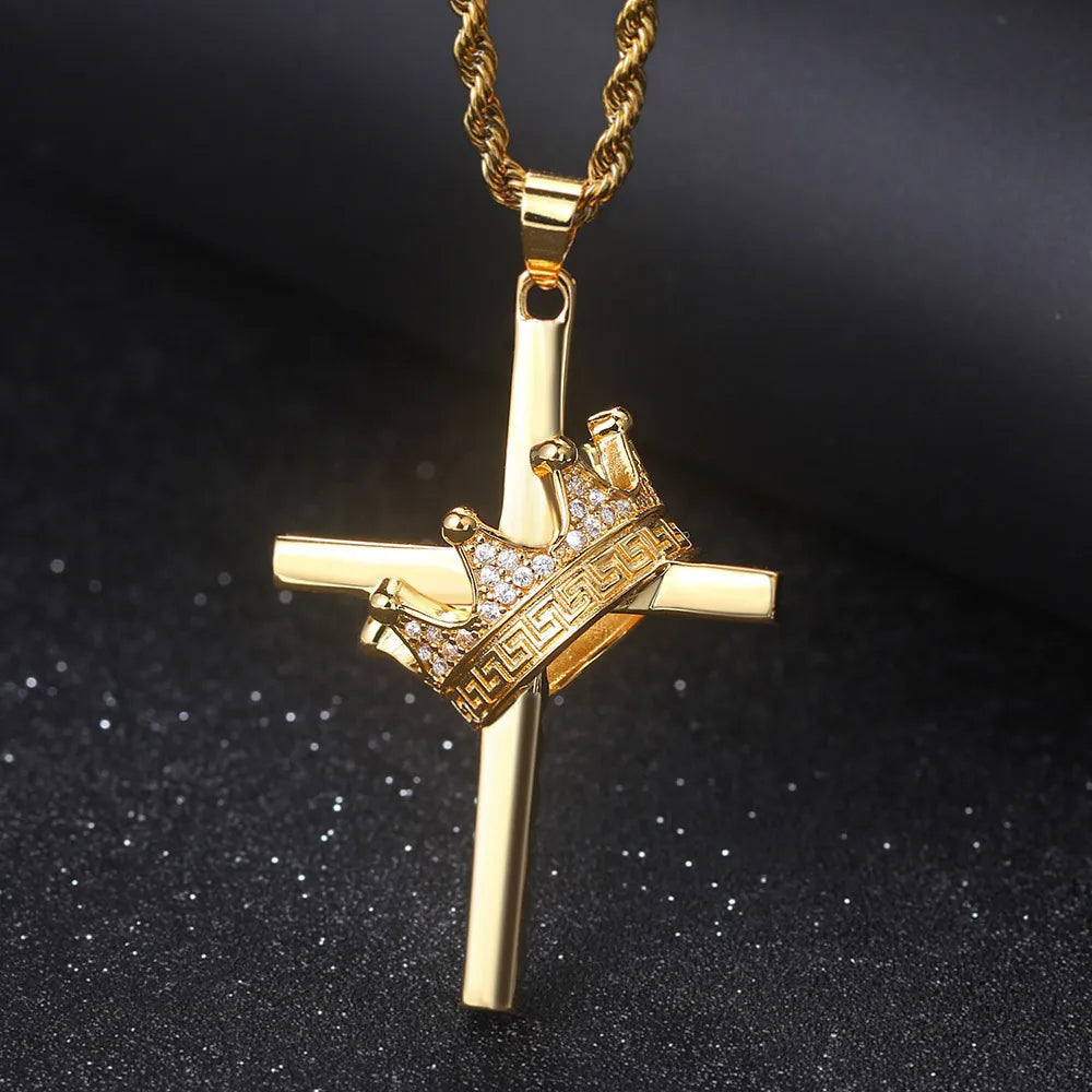 18k Gold Filled Bling Zircon Diamonds Gemstones Crown & Cross Royal Cool Pendnat Necklaces for Men - Zenflow Active