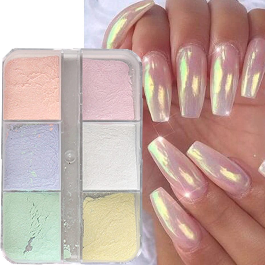 Aurora Chrome Mirror Nail Powder – Holographic Metallic Pigment | 6-Grid Set - Zenflow Active