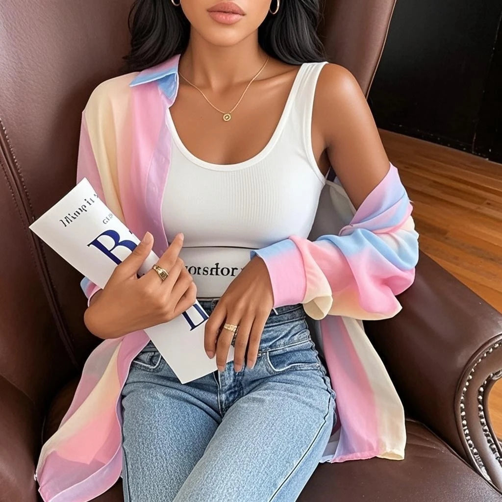 Women’s Sheer Gradient-Stripe Long-Sleeve Blouse Zenflow Active
