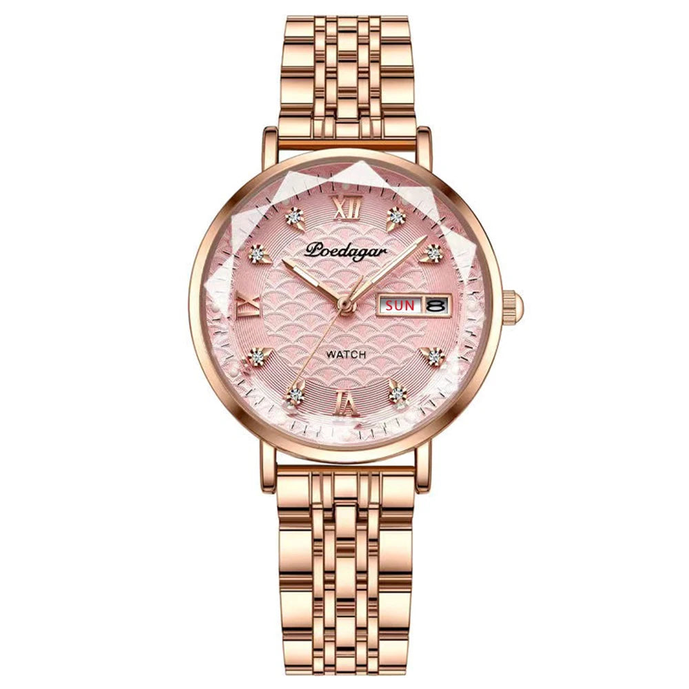 POEDAGAR Watch Women New Fashion Luxury Stainless Steel Wristwatch Bracelet Simple Rose Gold Waterproof Luminous Ladies Watches - Zenflow Active
