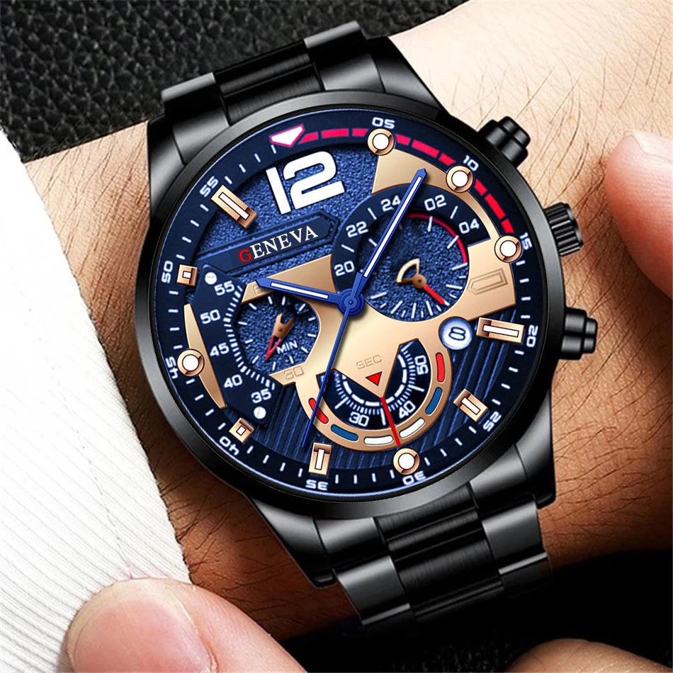 Men's Watch Stainless Steel Band Analog Quartz Wristwatch with Calendar - Zenflow Active
