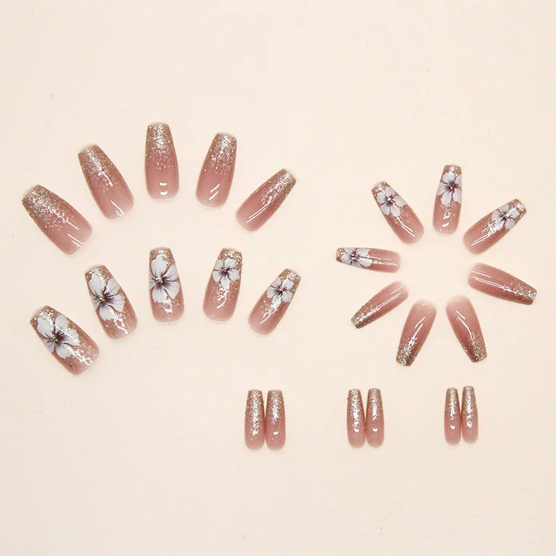 Nude Pink Floral Press-On Nails – Square Ballet Shape with Glitter | 24-Piece Set - Zenflow Active