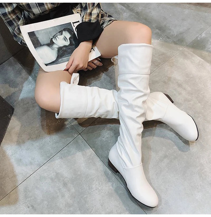 Women's Pleated PU Leather Knee-High Boots — Lace-Up, Square Low Heel, Round Toe - Zenflow Active