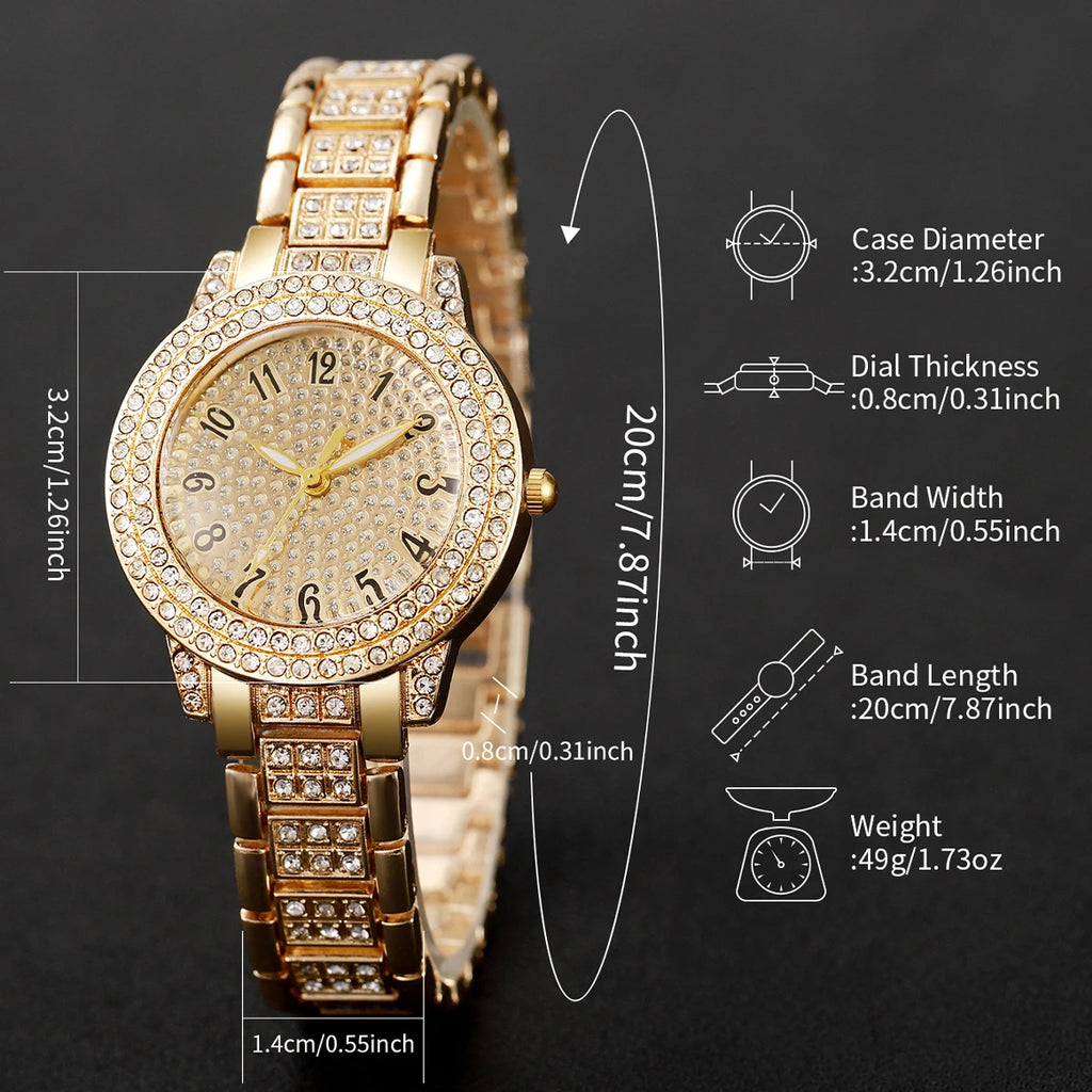 6PCS Fashion Full Diamond Women's Watch Gold Steel Band Analog Quartz Watches Jewellery Set Without Box - Zenflow Active