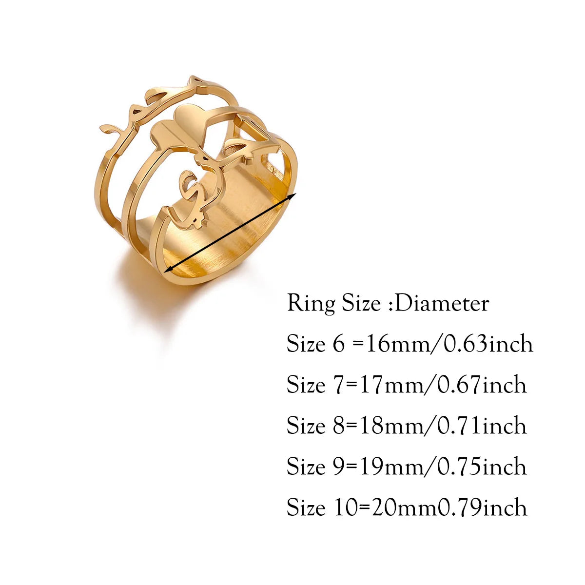 Custom Broad Surface Name Heart Rings Women Unisex Gold Colour Personalization 6-10 Size Wedding Bride Jewellery Stainless Steel - Zenflow Active