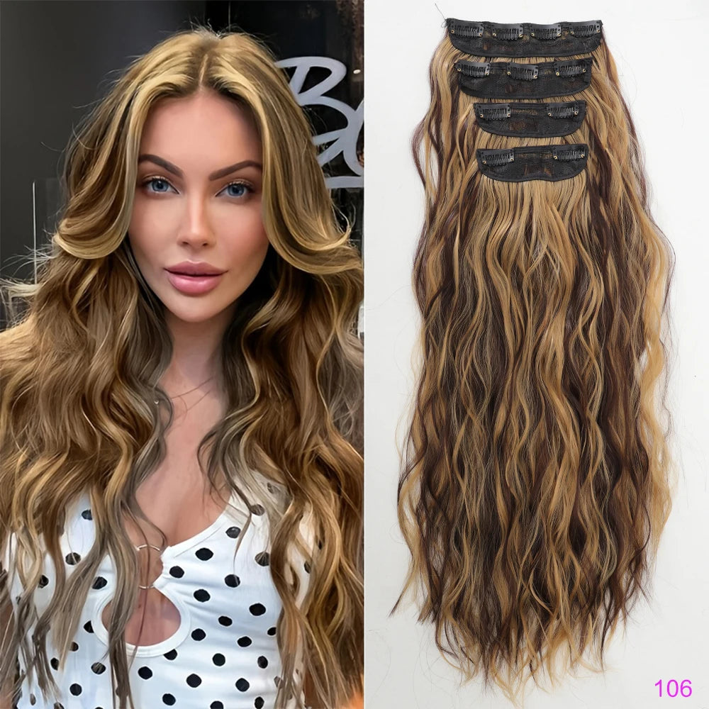 Set of 4 Clip-In Hair Extensions in a Brown-Blonde Shade, 60.96 cm Long, Featuring Wavy And Curly Synthetic Hair - Zenflow Active