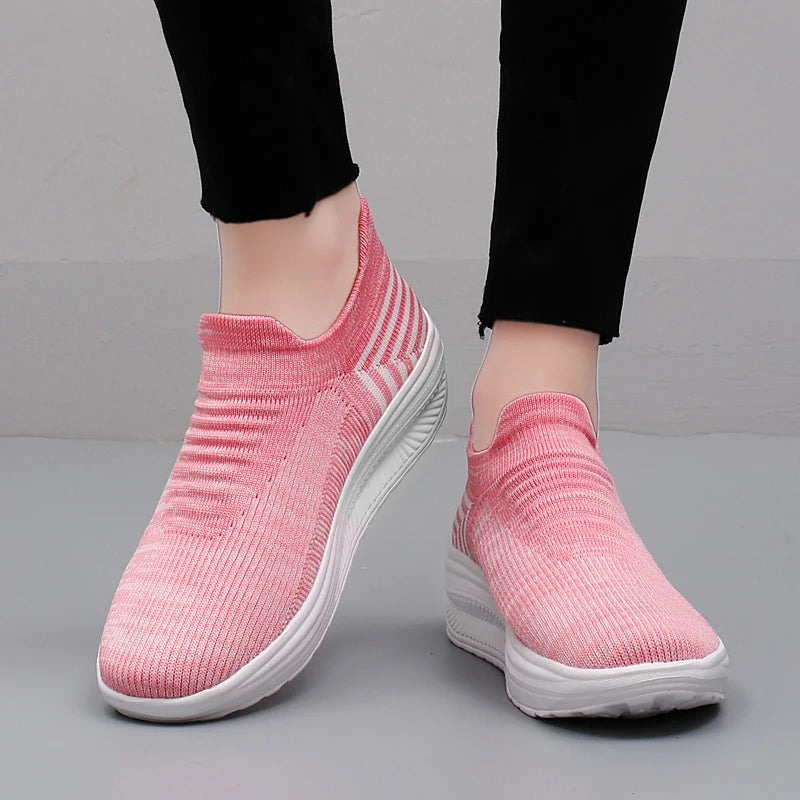Women's Air Mesh Platform Slip-On Sneakers — Breathable, Mid Heel, Casual Loafer Style - Zenflow Active