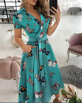 Printed V-Neck A-Line Midi Shirt Dress Zenflow Active