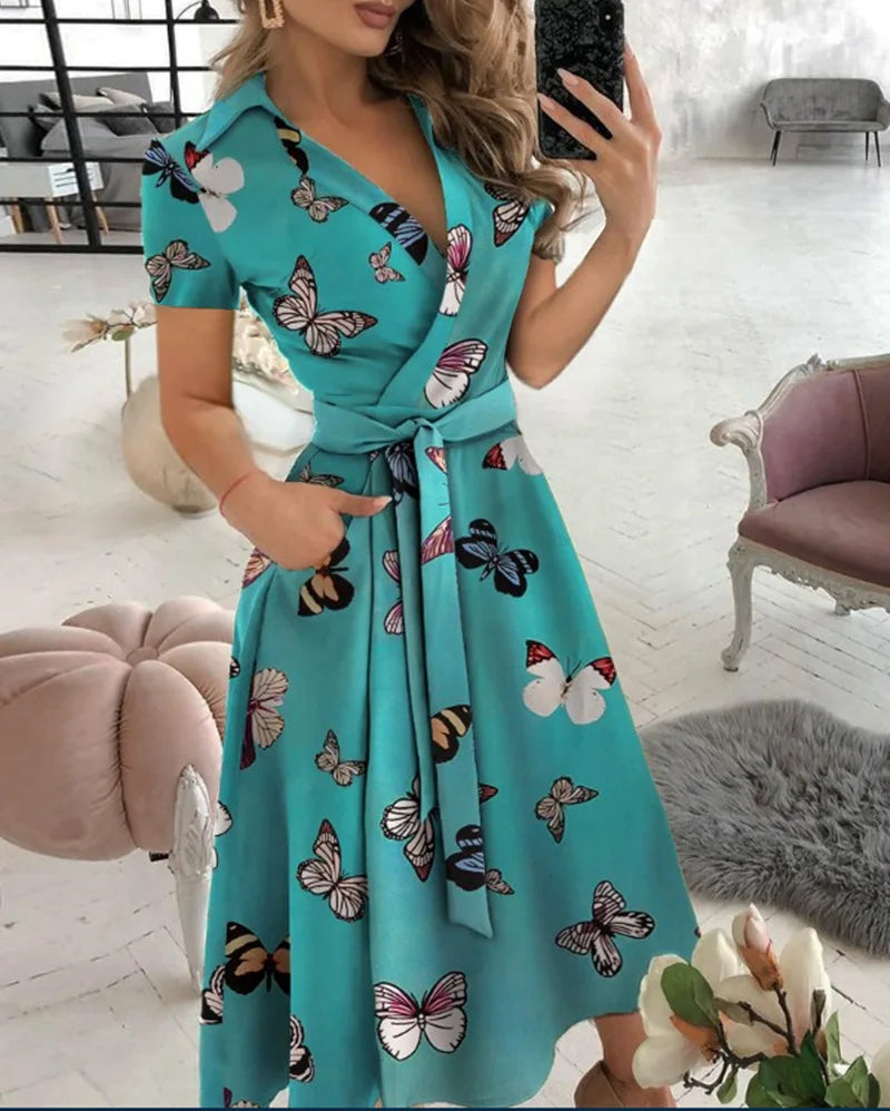Printed V-Neck A-Line Midi Shirt Dress Zenflow Active