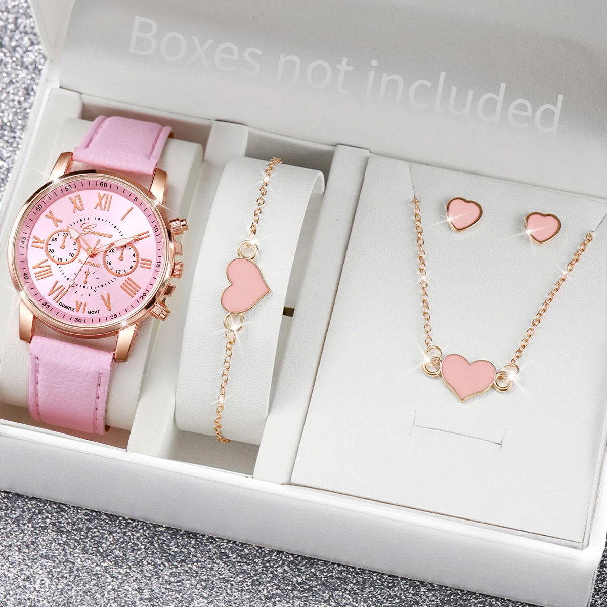 5/6PCS Fashion Women's Quartz Watch Leather Band Analog Wrist Watches Heart Rhinestone Jewelry Set(Without Box) - Zenflow Active