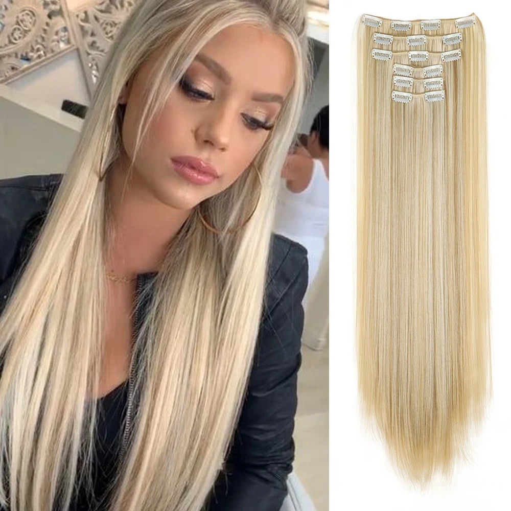 Hair Extensions 24"/60cm 6pcs/set Women Long Straight Synthetic Full Head Clip 16 Clips Ombre Heat Resistant Fiber Hair - Zenflow Active