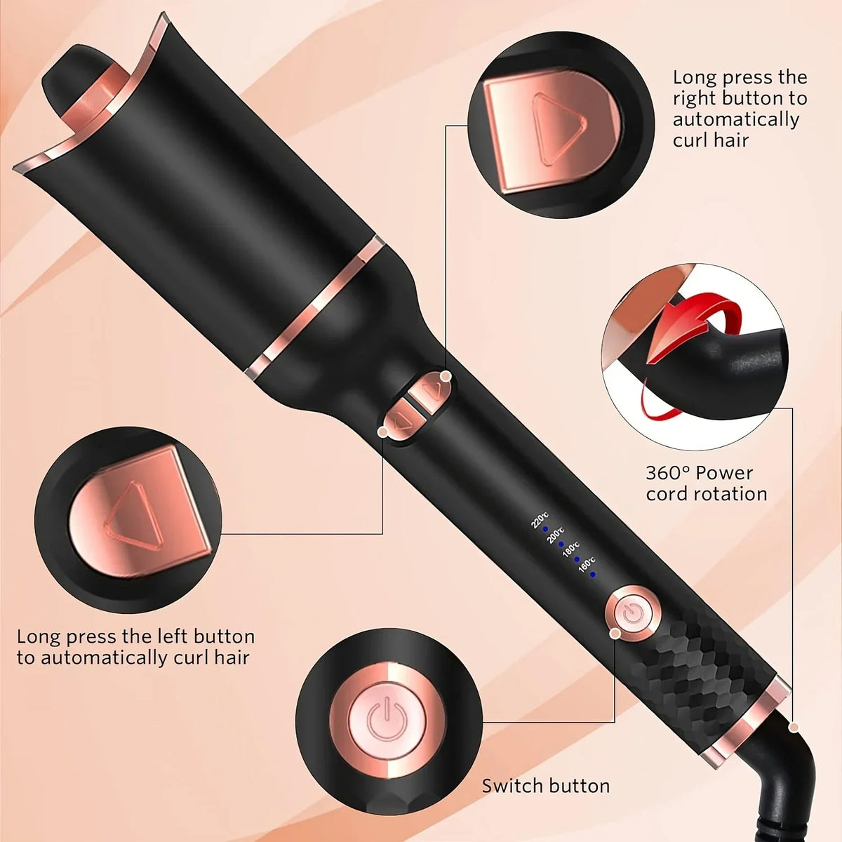Auto-Rotating Ceramic Curling Iron | Professional Air Spin Curler | 160–230°C - Zenflow Active