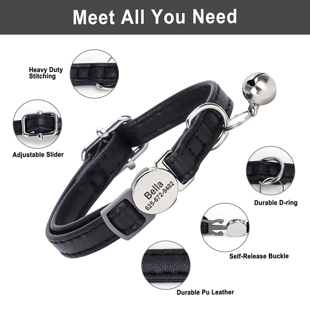 Personalised Cat Collar | PU Leather with Engraved ID Nameplate & Bell - Zenflow Active