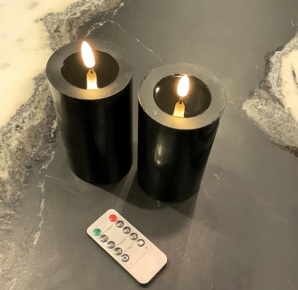 Black Flameless Pillar Candles Remote Controlled Flickering LED Paraffin Wax Candle Battery Operated Window Table Lighting Decor - Zenflow Active