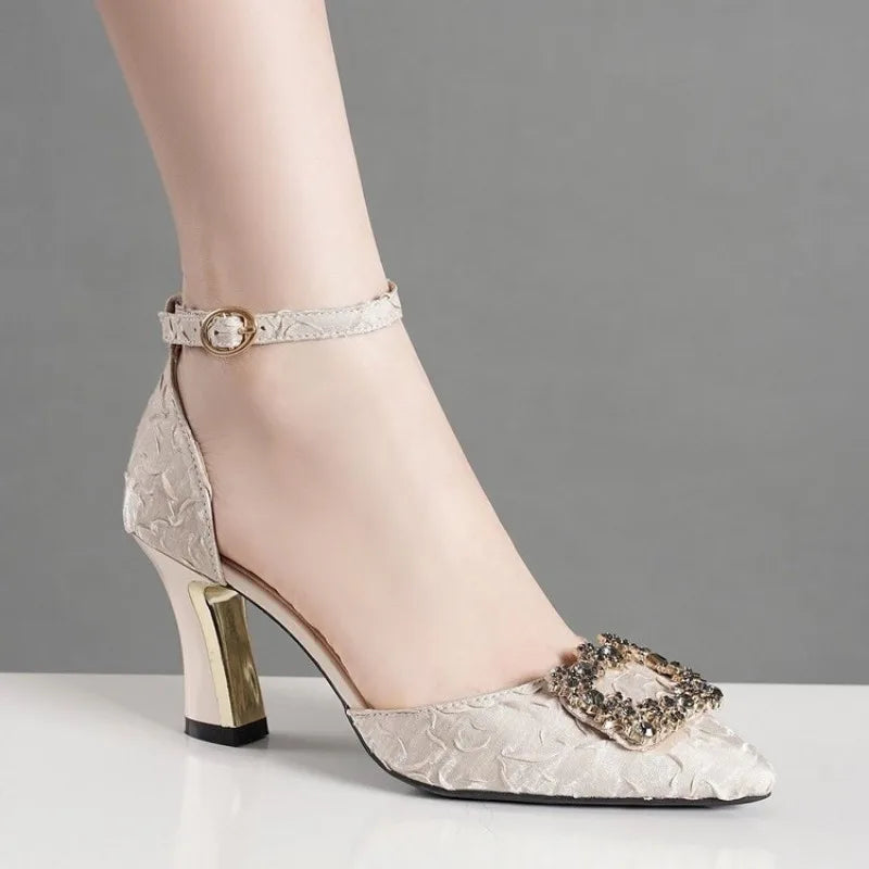 Women's Crystal Buckle Strap Heeled Sandals — Square Heel, Pointed Toe, Party & Wedding - Zenflow Active