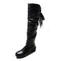 Women's Pleated PU Leather Knee-High Boots — Lace-Up, Square Low Heel, Round Toe - Zenflow Active