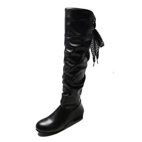 Women's Pleated PU Leather Knee-High Boots — Lace-Up, Square Low Heel, Round Toe - Zenflow Active