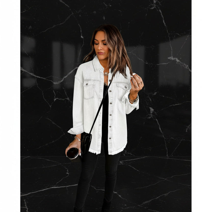 Women’s Distressed-Hem Long Denim Shirt Jacket Zenflow Active